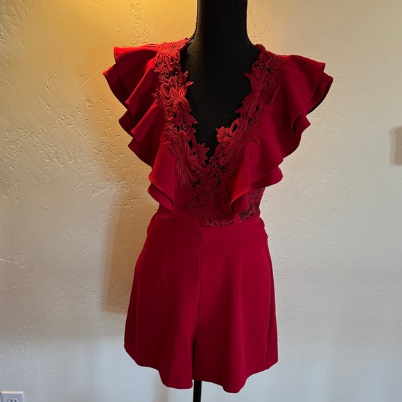 Red Ruffle Plunge Neck Romper - Picture 1 of 9